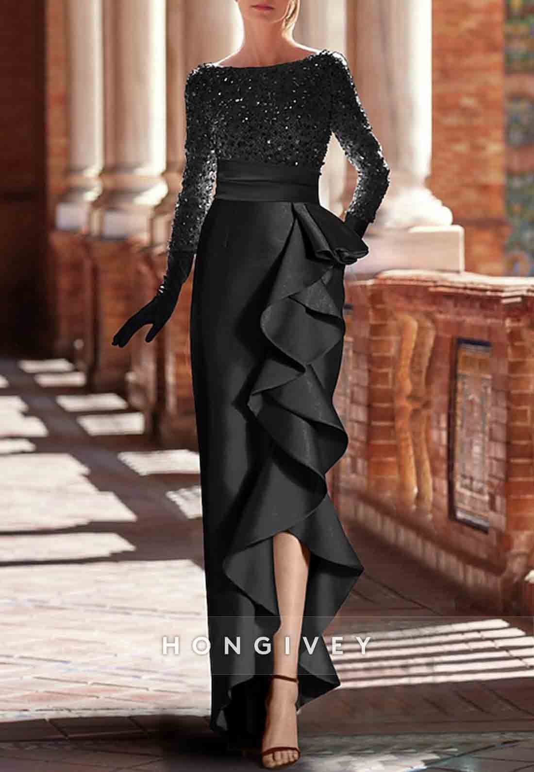 Sequined Foraml Wedding Sheath Bateau Neck Long Sleeves Evening Gowns with Ruffles