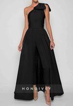 Sleeveless Jumpsuits Evening Gown Formal Wedding Guest One Shoulder Convertible Stretch Fabric with Bow(s) Pleats Overs