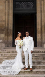 Beautiful Long White Mermaid Off-the-shoulder Lace Corset Wedding Dress with Long Sleeves