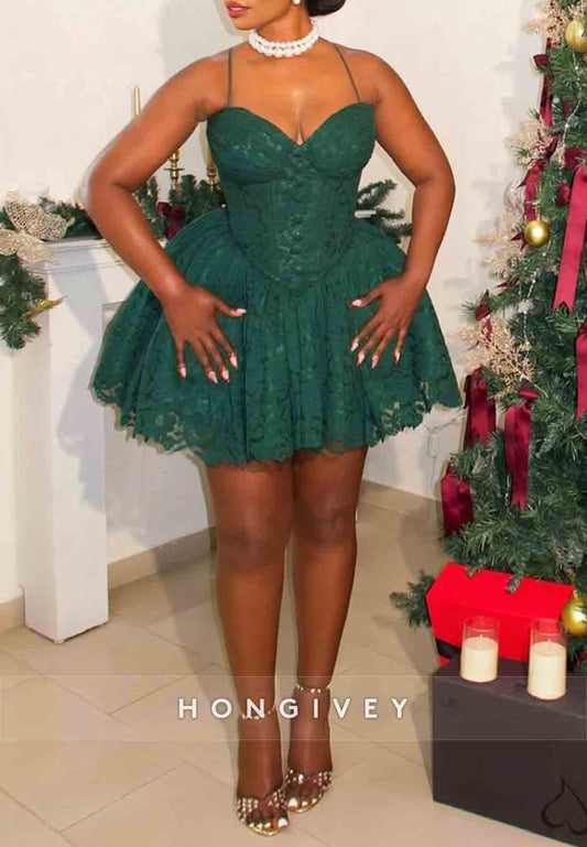 Ball Gown Spaghetti Straps V-Neck Lace Mini Homecoming Dresses