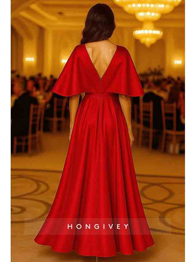 A-line Ankle-Length V Neck Flutter Sleeves Evening Gown Appliqued