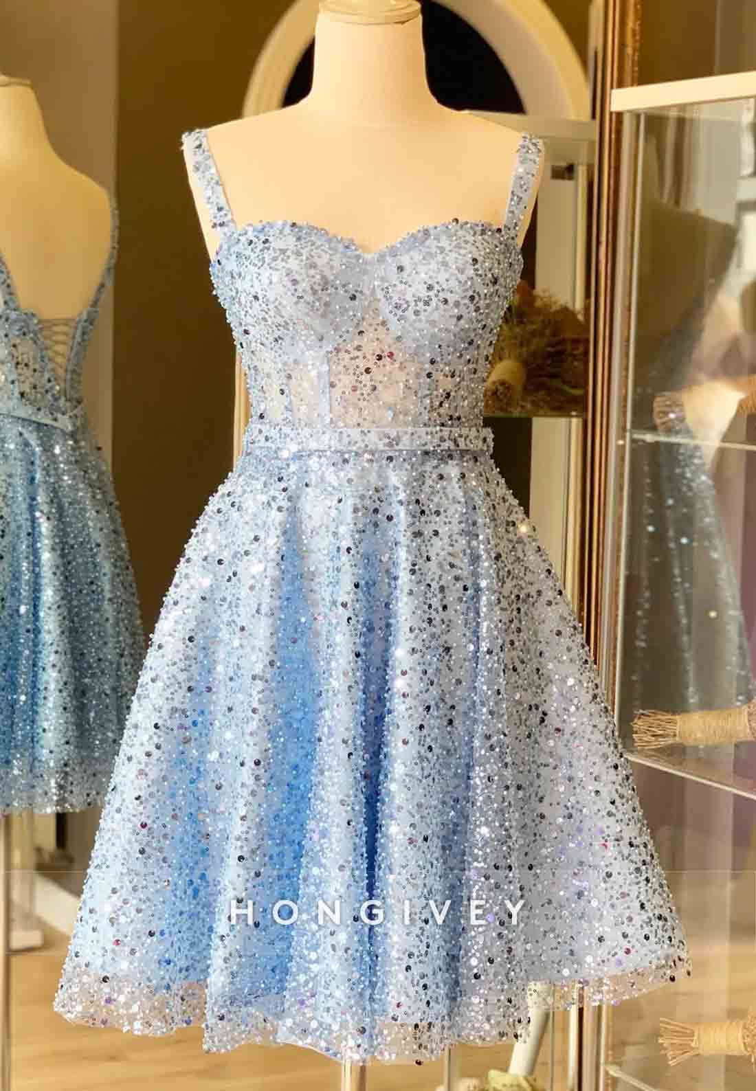 Sweetheart A-Line Sequined Pleated Regular Straps Short Homecoming Dresses