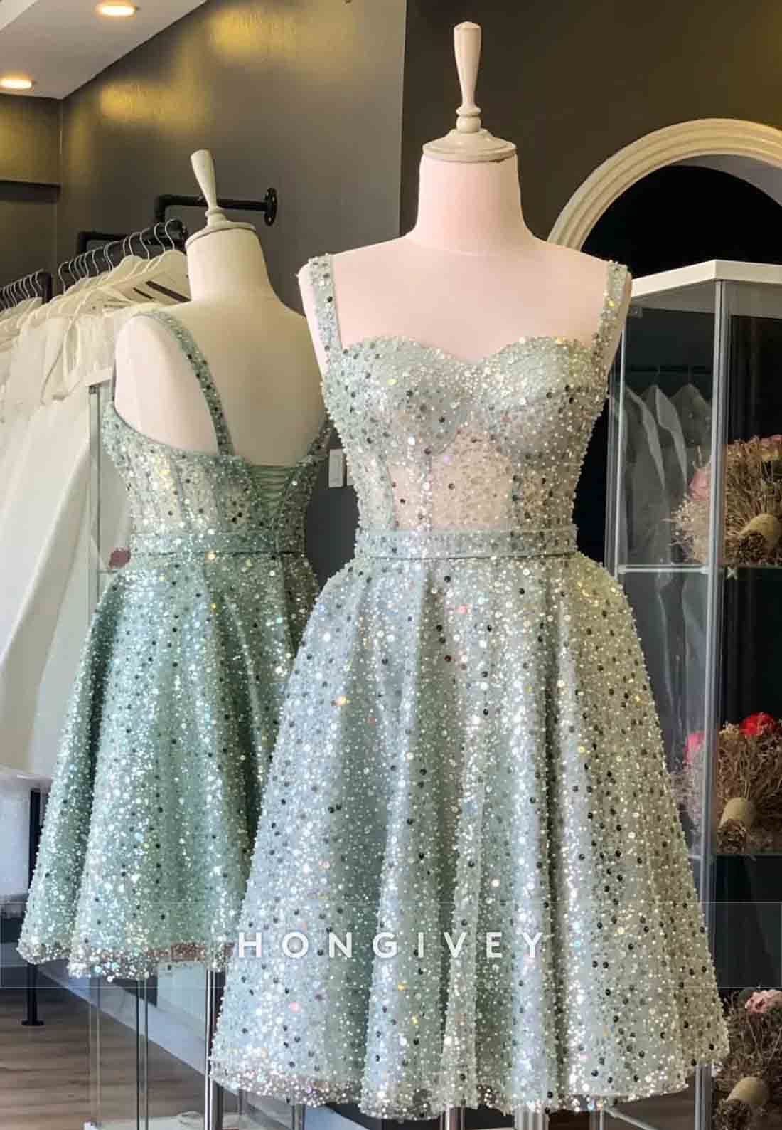 Sweetheart A-Line Sequined Pleated Regular Straps Short Homecoming Dresses