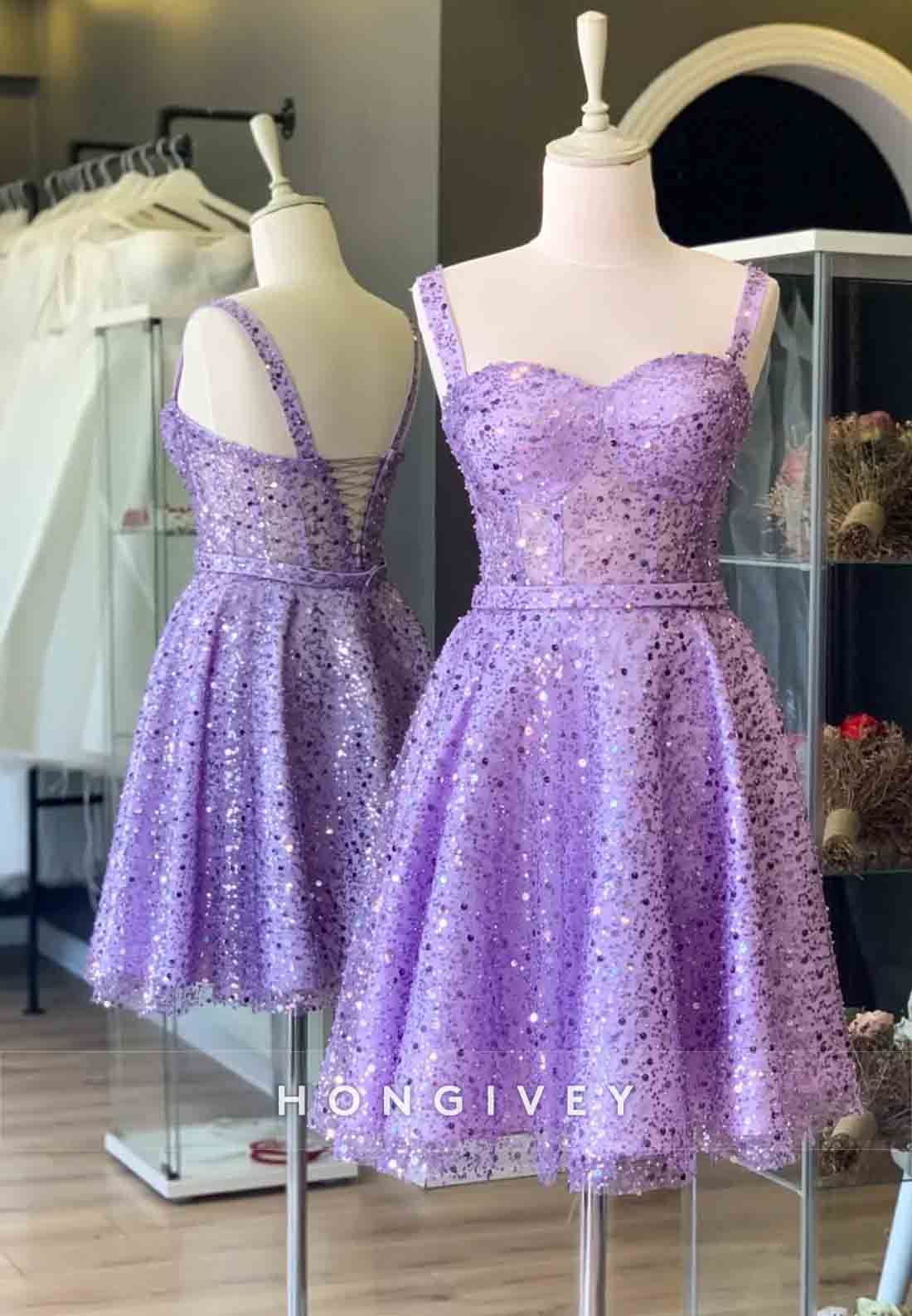 Sweetheart A-Line Sequined Pleated Regular Straps Short Homecoming Dresses