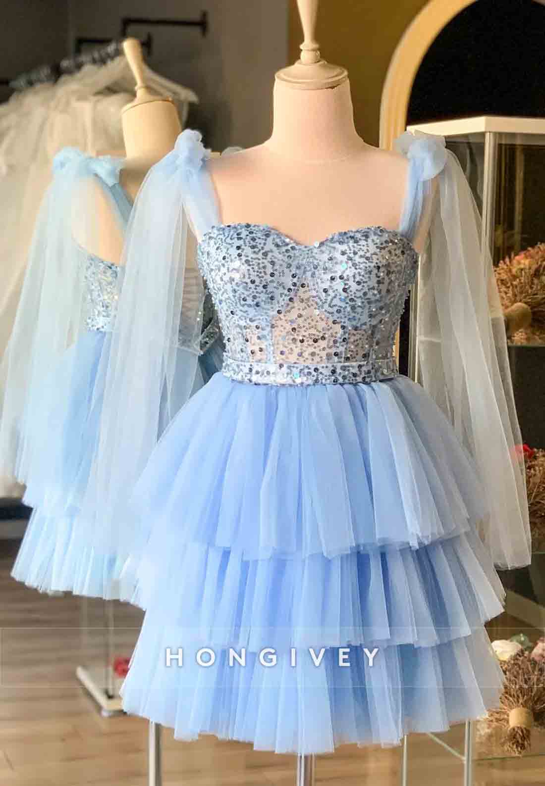 Tulle Sequined Bowknot Ruffles Regular Straps A-Line Short Homecoming Dresses