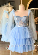 Tulle Sequined Bowknot Ruffles Regular Straps A-Line Short Homecoming Dresses