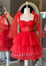 Tulle Sequined Bowknot Ruffles Regular Straps A-Line Short Homecoming Dresses