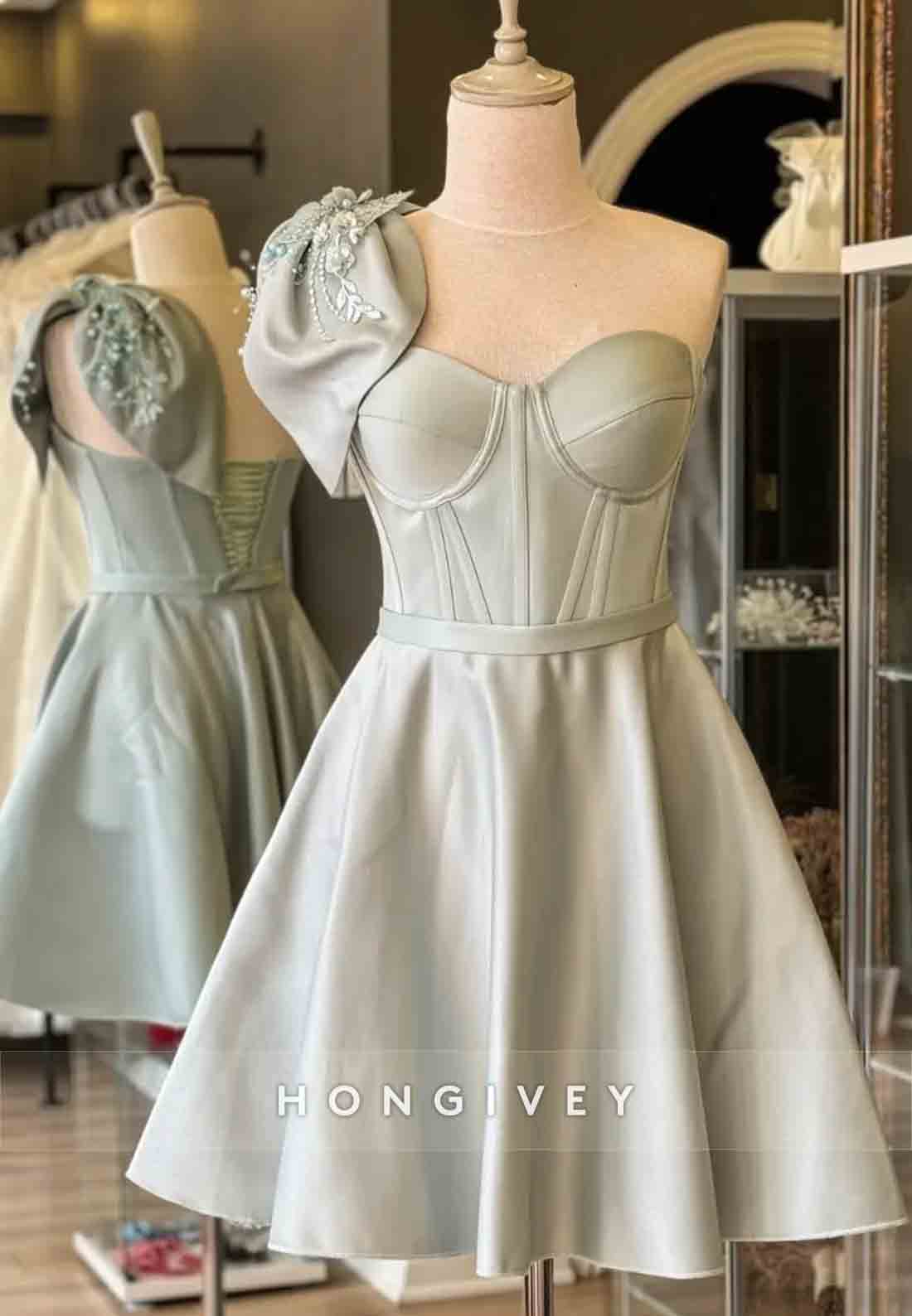 One Shoulder Bowknot Sleeveless A-Line Pleated Short Homecoming Dresses