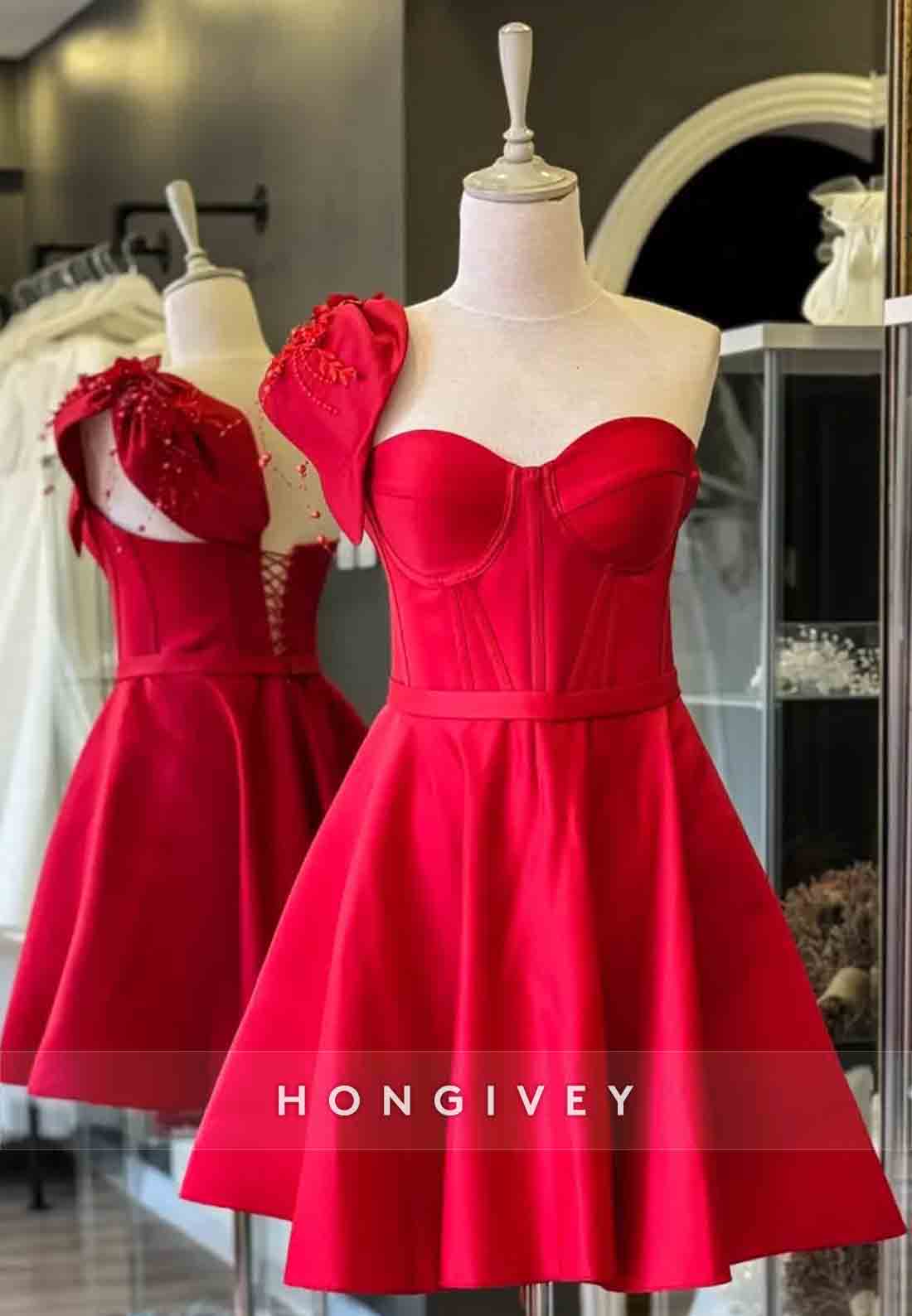 One Shoulder Bowknot Sleeveless A-Line Pleated Short Homecoming Dresses