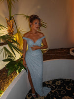 Sequins Sparkle Blue Off the Shoulder Mermaid Side Slit Floor-Length Evening Dress
