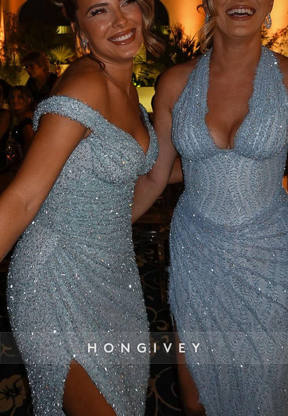 V-Neck Off the Shoulder Glitter Sheath Evening Gowns with Side Slit