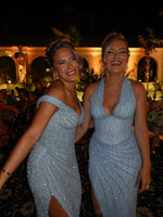 Sequins Sparkle Blue Off the Shoulder Mermaid Side Slit Floor-Length Evening Dress