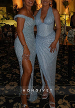 V-Neck Off the Shoulder Glitter Sheath Evening Gowns with Side Slit