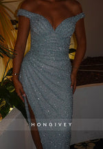 V-Neck Off the Shoulder Glitter Sheath Evening Gowns with Side Slit
