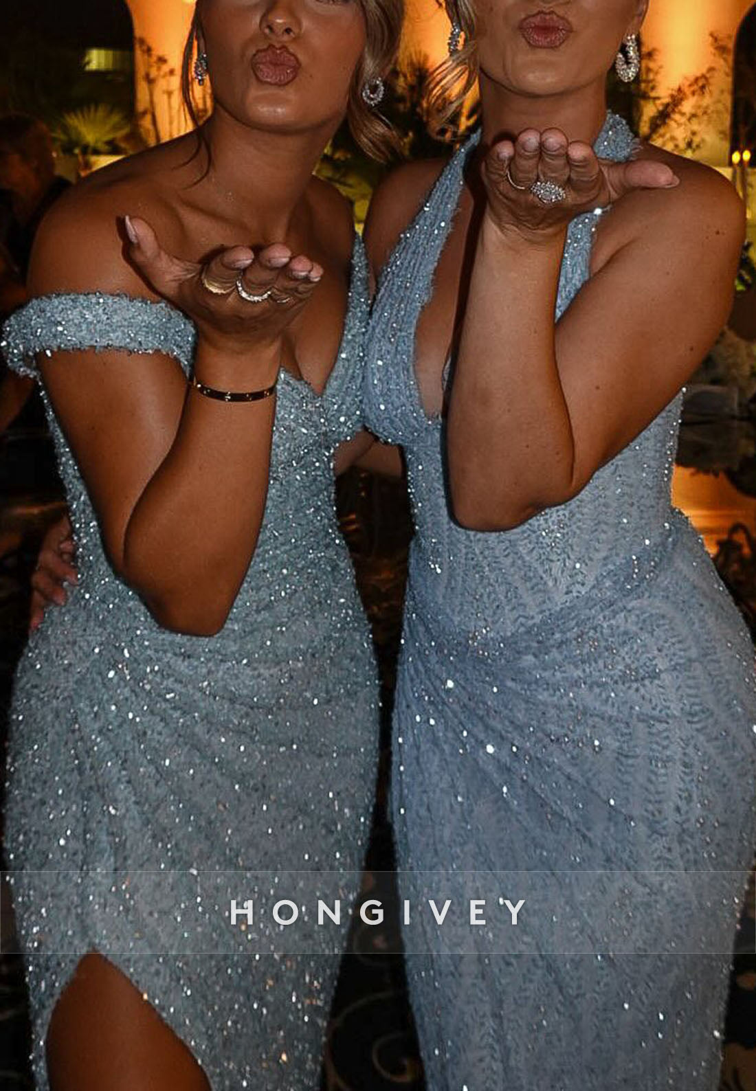 V-Neck Off the Shoulder Glitter Sheath Evening Gowns with Side Slit