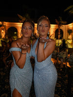 Sequins Sparkle Blue Off the Shoulder Mermaid Side Slit Floor-Length Evening Dress