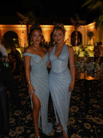 Sequins Sparkle Blue Off the Shoulder Mermaid Side Slit Floor-Length Evening Dress