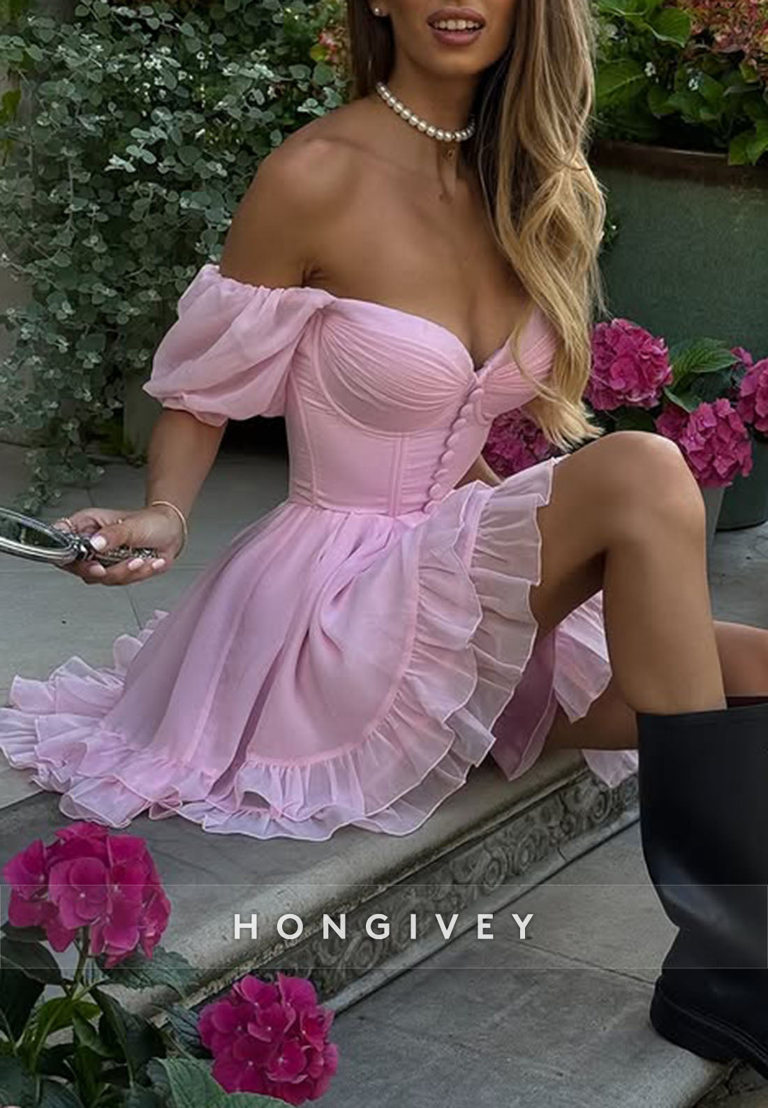 Pink Off the Shoulder Ruched A-Line Sweetheart Short Homecoming Dress