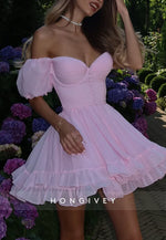 Pink Off the Shoulder Ruched A-Line Sweetheart Short Homecoming Dress