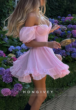 Pink Off the Shoulder Ruched A-Line Sweetheart Short Homecoming Dress