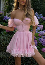 Pink Off the Shoulder Ruched A-Line Sweetheart Short Homecoming Dress