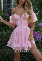 Pink Off the Shoulder Ruched A-Line Sweetheart Short Homecoming Dress