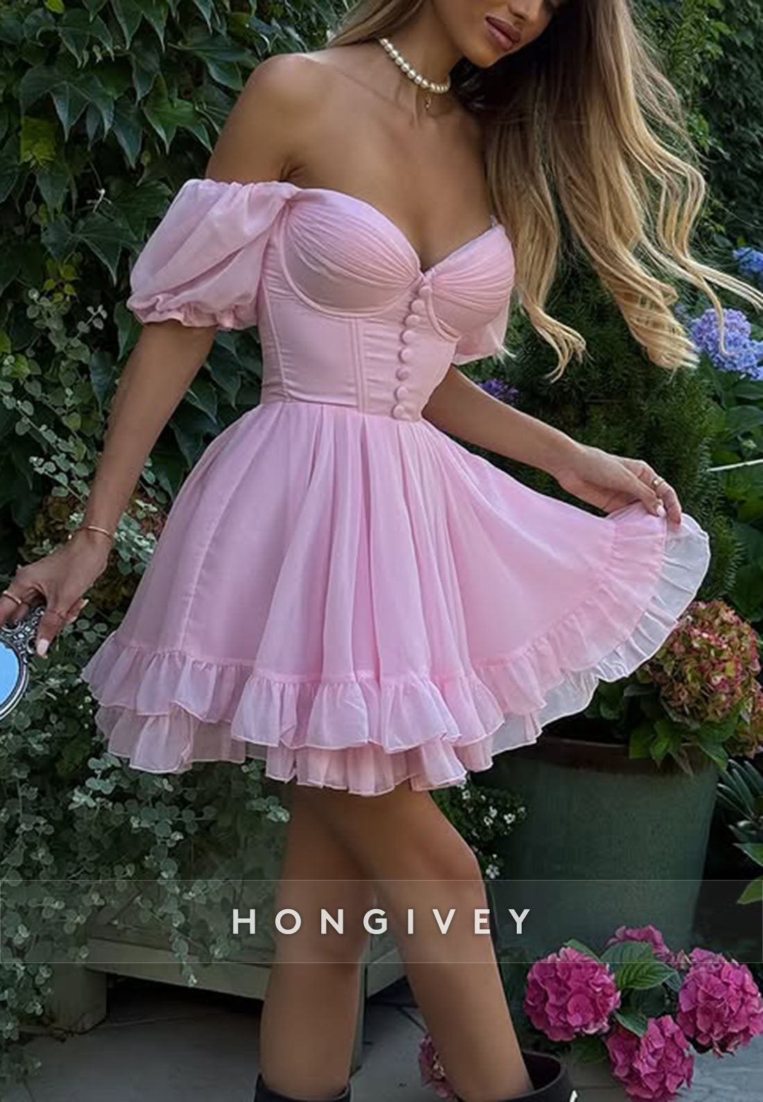 Pink Off the Shoulder Ruched A-Line Sweetheart Short Homecoming Dress