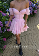 Pink Off the Shoulder Ruched A-Line Sweetheart Short Homecoming Dress