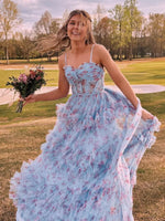 A-Line Blue Floral Corset Tulle Ruffles Long Prom Dresses
