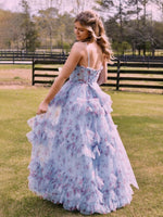 A-Line Blue Floral Corset Tulle Ruffles Long Prom Dresses