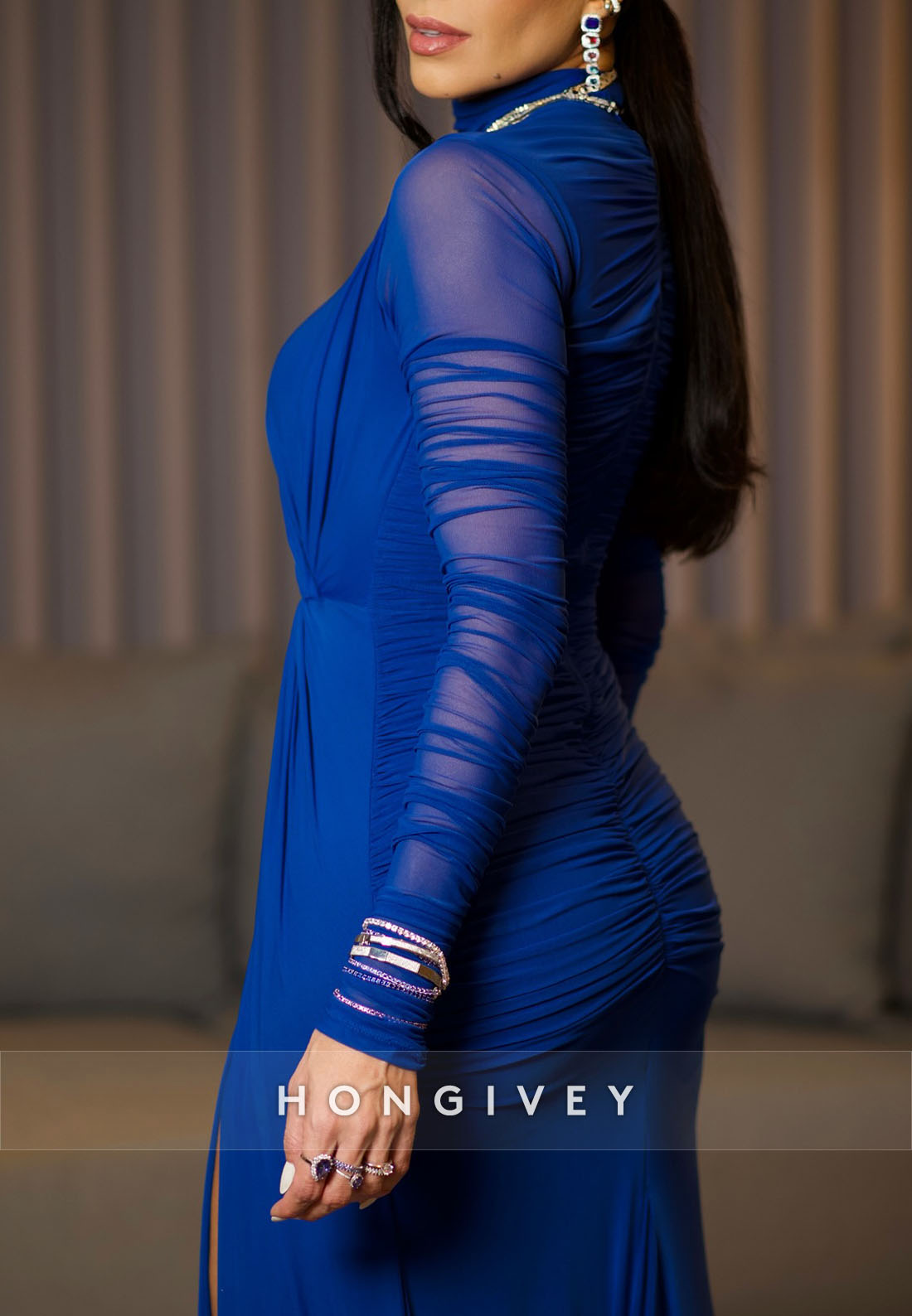 Royal Blue Long Sleeves High Neck Pleated Formal Gowns with Side Slit