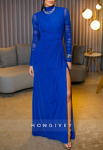 Royal Blue Long Sleeves High Neck Pleated Formal Gowns with Side Slit