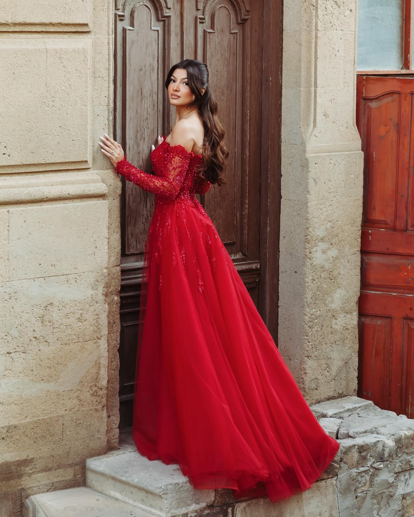 Off the Shoulder Lace Long Sleeve Mermaid Court Train Floor-Length Evening Dress