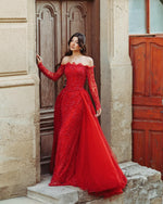 Off the Shoulder Lace Long Sleeve Mermaid Court Train Floor-Length Evening Dress