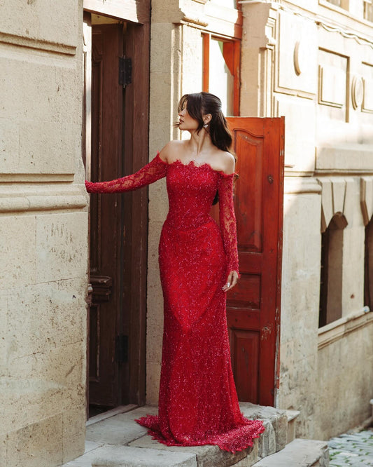 Off the Shoulder Lace Long Sleeve Mermaid Court Train Floor-Length Evening Dress