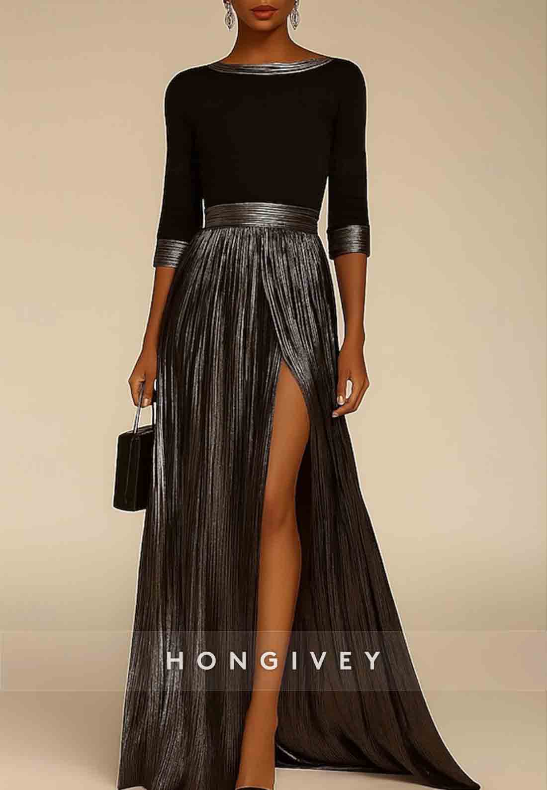 A-Line Black Gold Half Sleeves Floor Length Evening Gown with High Slit