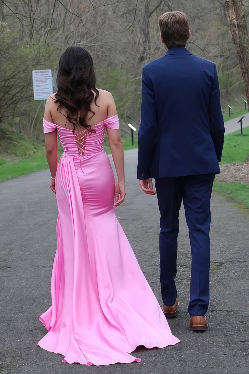 Pink - Mermaid Off The Shoulder Satin Beaded Long Prom Dresses With Slit