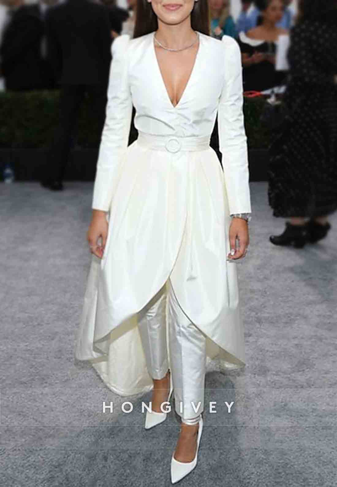 Two Piece Pantsuit V Neck Long Sleeve Satin Tuxedo Evening Gown with Waistband