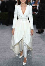 Two Piece Pantsuit V Neck Long Sleeve Satin Tuxedo Evening Gown with Waistband