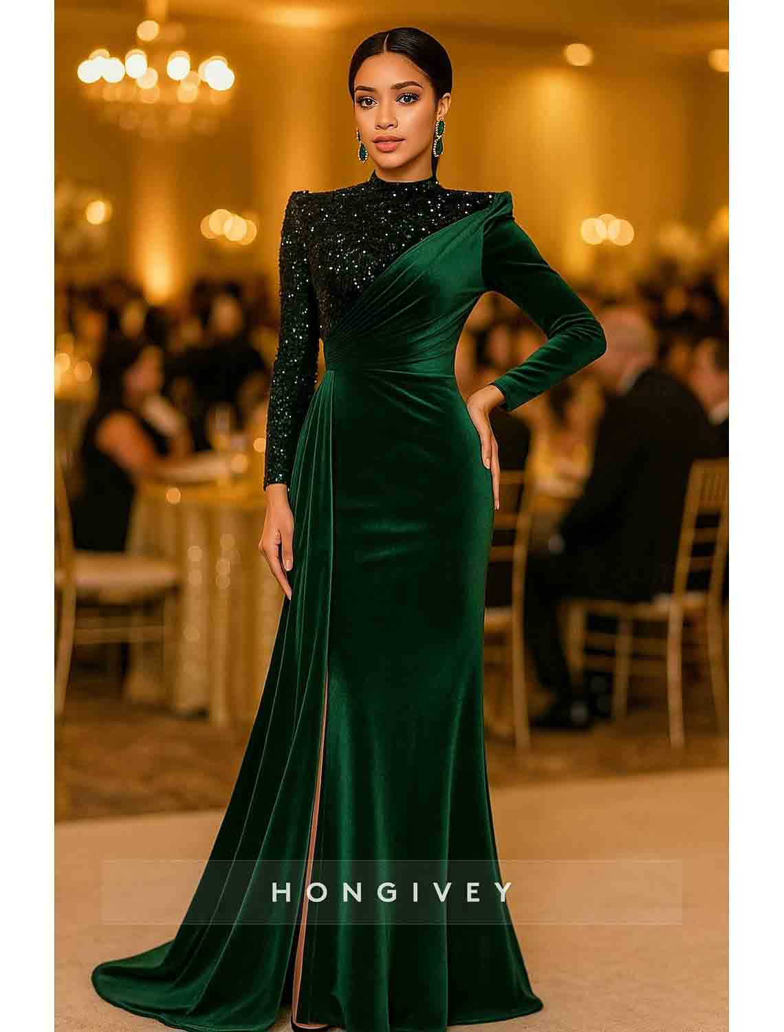 High Neck Mermaid Long Sleeve Evening Gown Side Slit