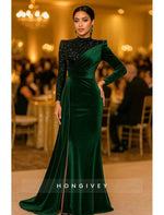 High Neck Mermaid Long Sleeve Evening Gown Side Slit