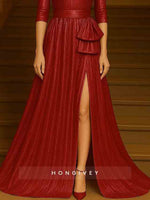 3/4 Sleeve O-Neck A-Line Bow Slit Evening Dress