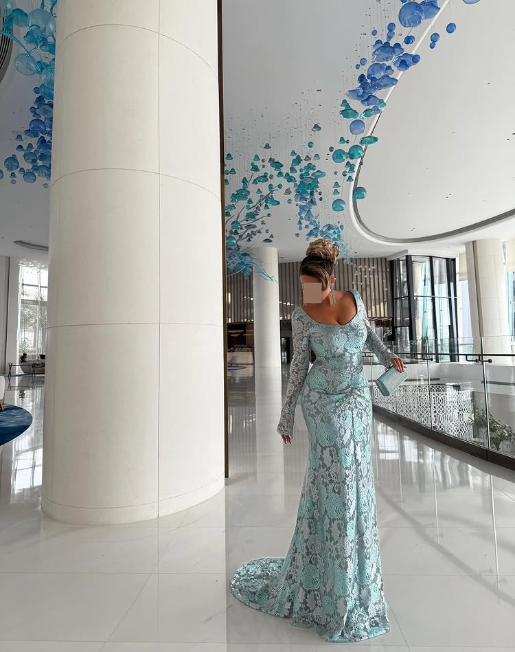 Lace Long Sleeve Square Neck Mermaid Backless Floor-Length Evening Dress