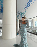 Lace Long Sleeve Square Neck Mermaid Backless Floor-Length Evening Dress