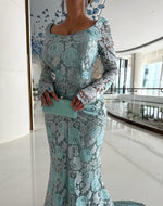 Lace Long Sleeve Square Neck Mermaid Backless Floor-Length Evening Dress
