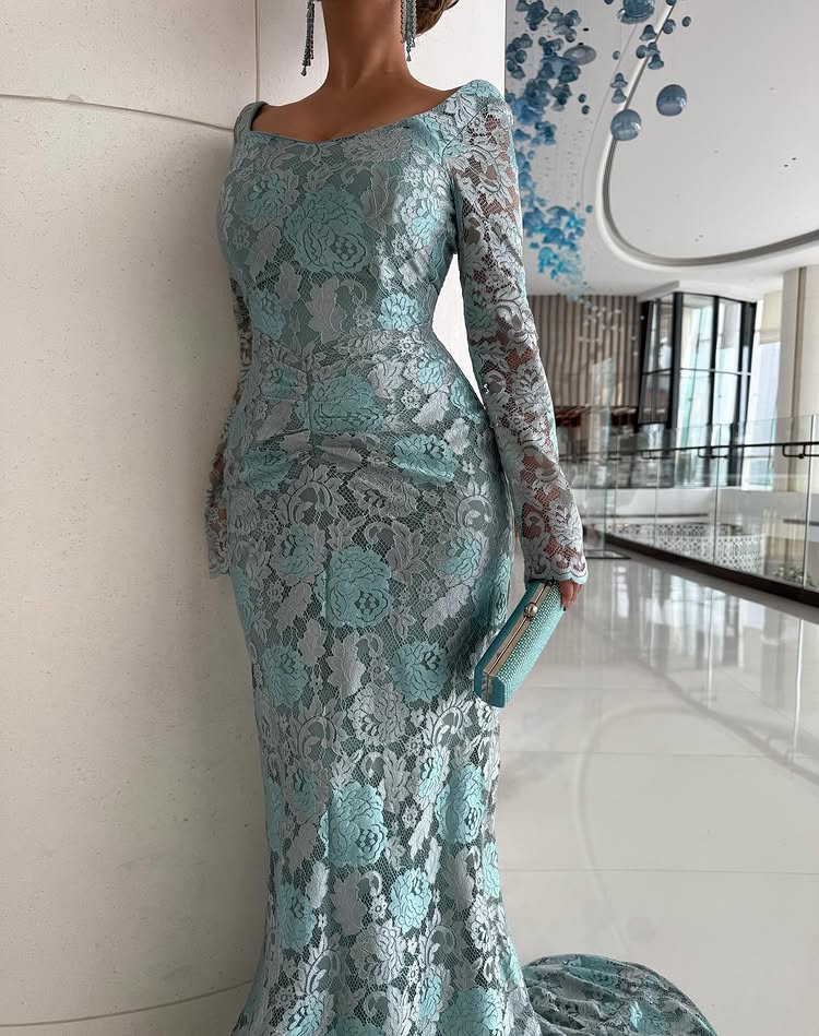 Lace Long Sleeve Square Neck Mermaid Backless Floor-Length Evening Dress