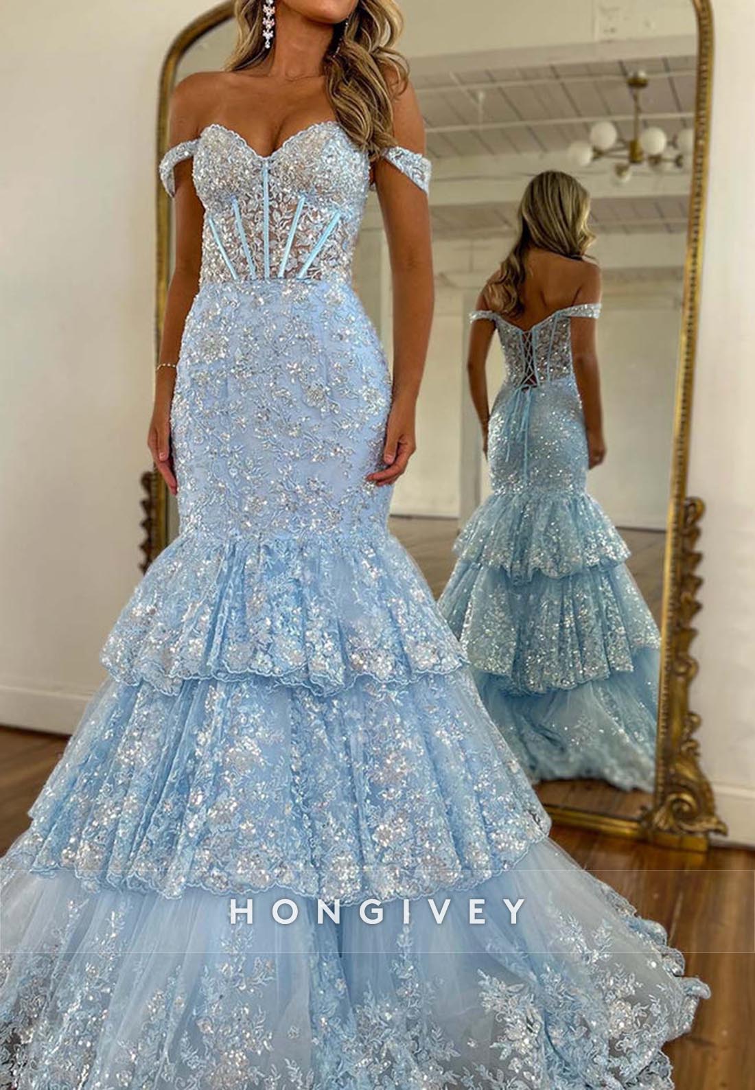 Sky Blue Off-Shoulder Long Lace Appliques Prom Dresses