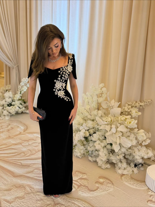 Elegant Square Neck Cape Sleeve Mermaid Beaded Applique Evening Dress