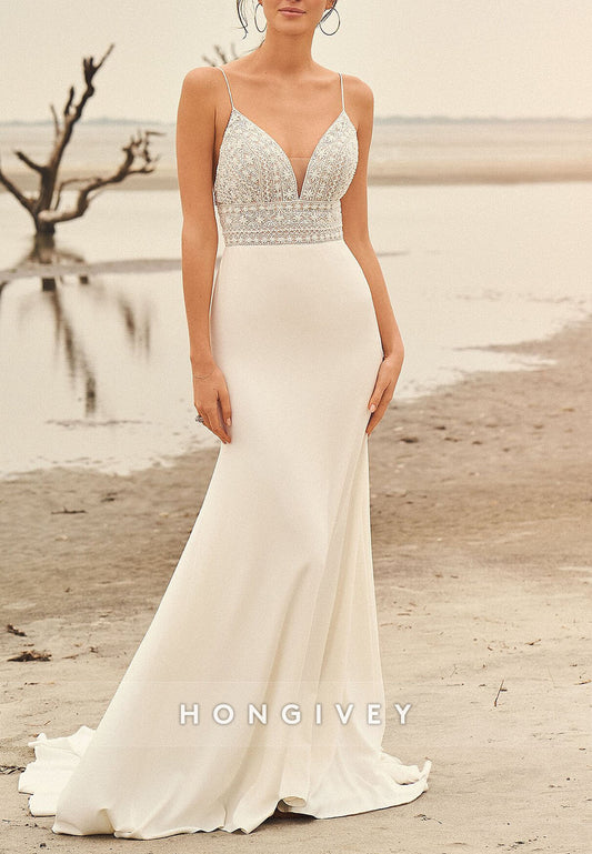 Pleated Court Train Low Back Trumpet V Neck Spaghetti Straps Beach Wedding Dresses
