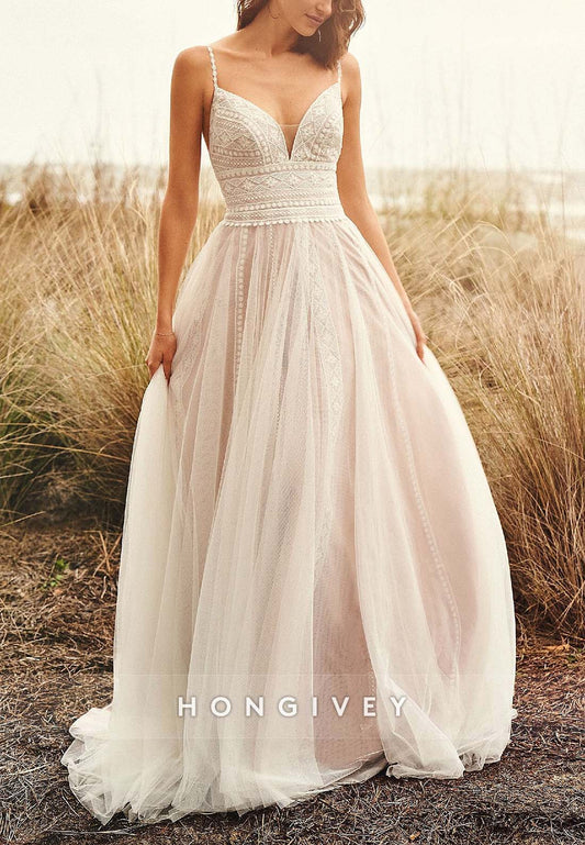 Low Back Regular Straps Sleeveless Lace Floor-Length Boho Wedding Dresses